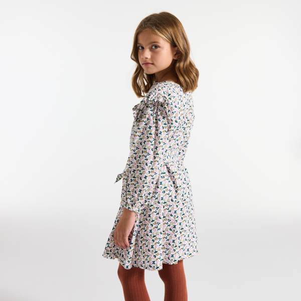 فستان بحزام مطبوع عليه، رمادي اللون، للفتيات